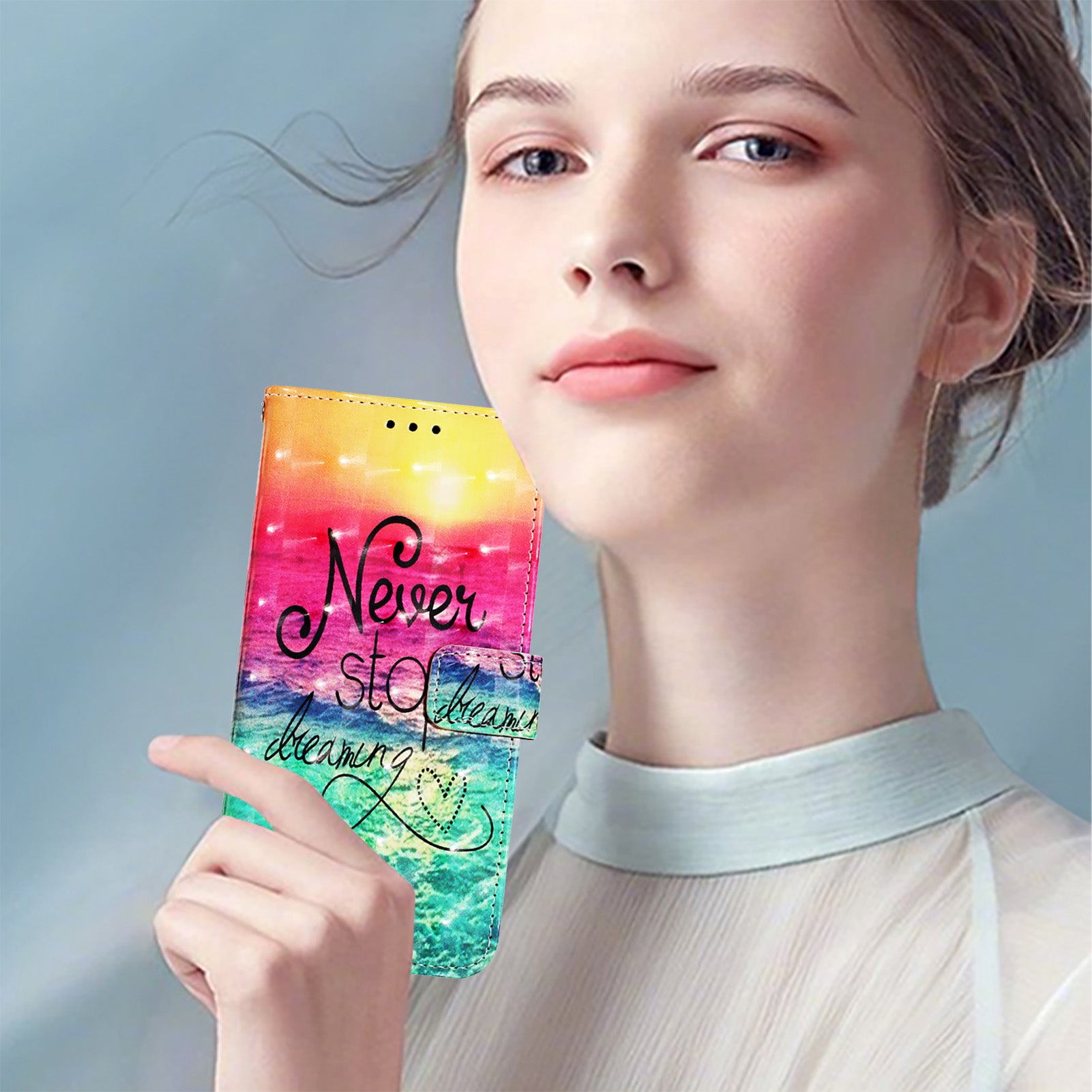 For Samsung Galaxy A16 5G / A16 4G Leather Case YB Pattern Printing Leather Series-2 Pattern Printing Wallet Stand Cover - Never Stop Dreaming For Samsung Galaxy A16 5G / A16 4G Leather Case YB Pattern Printing Leather Series-2 Pattern Printing Wallet Stand Cover - Never Stop Dreaming